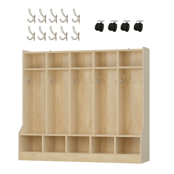 5-Section Storage Cubby with Built-In Bench Seat – 5 Long Compartments, 5 Upper & 5 Lower Bins, 5 Hooks + 2 Storage Boxes