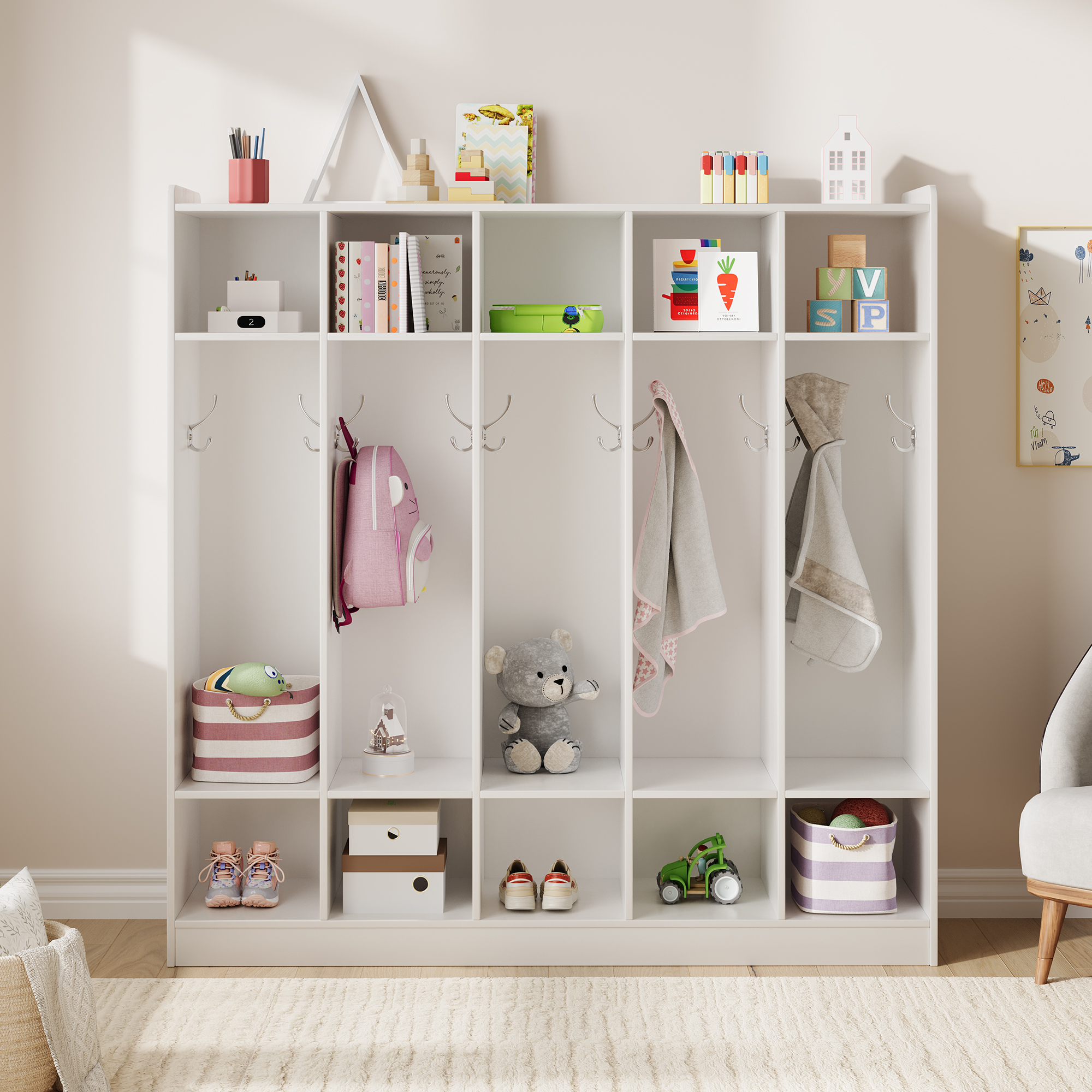 Simple Backpack Colouring 5-Section Study Room Coat Locker Organizer, 10 Cubbies & 10 Hooks, Easy ...