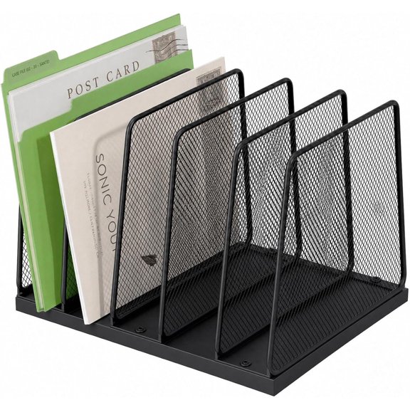 5-Section Vertical File Organizer for Desk, Sturdy Base & Metal Mesh Desktop File Holder, Upright Paper Folder Sorter for Office Supplies(Black)