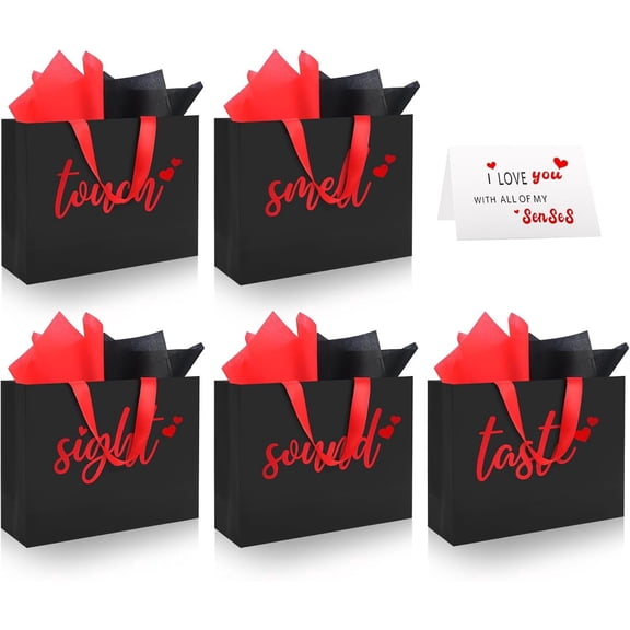 5 Senses  Bags for Him With Labels - Includes Tissue Paper & Greeting Card,  Birthday, Valentine'S Day, Anniversary, Wedding Gifts for Boyfriend, Bf or Husband (Black with red lettering)