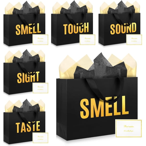 5 Senses Bags for Him Her with Labels,Sight Smell Taste Sound Bags with Ribbon Handle,Tissue Paper,Greeting Card for Birthday,Wedding,Christmas,Valentine's Day (Black small, 9.8 x 6.7 x 3.1 Inch)