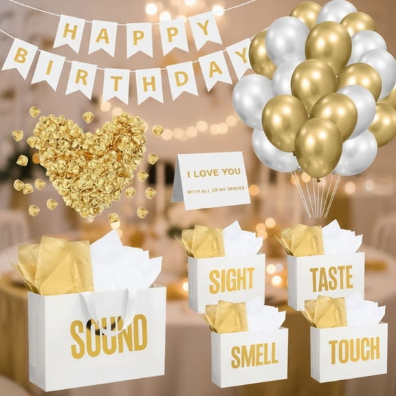 5 Senses Gift Birthday Decorations Five Senses Gift Bags Party Decoration with Happy Birthday Banner Taste Touch Sound Rose Petals Balloon for Party(White Gold)