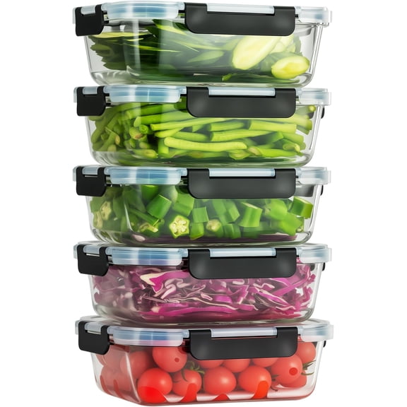 5- Set, 36 oz Glass Meal Prep Containers with Snap-Lock , Airtight Lunch Containers, Microwave, Oven, Refrigerator & Dishwasher Safe,Black