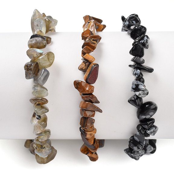 5 Set Chips Natural Labradorite & Snowflake Obsidian & Tiger Eye Beaded Stretch Bracelets Sets Stackable Bracelets Inner Diameter: 2-1/8 inch(5.5cm) 3pcs/set