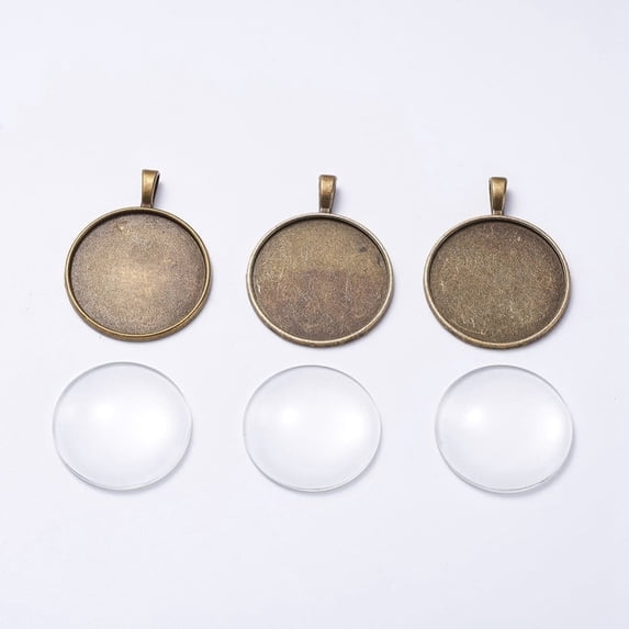 5 Set DIY Pendant Making Tibetan Style Alloy Pendant Cabochon Settings and Transparent Glass Cabochons Flat Round Antique Bronze Tray: 30mm 42x33x2mm Hole: 3.5x5mm 29.5x7mm