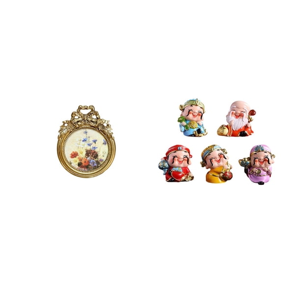 5 Set Decorative Ornate Resin Round Frame Cartoon Fortune Figurine Small Vintage Gold for Wedding Party Display
