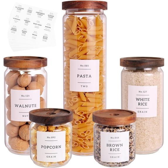 5 Set Glass Pantry Storage Jars with Acacia Airtight Lid - Thicken Glass Kitchen Canisters with 132 Pantry Labels - Clear Glass Food Storage Containers with Wood Lid for Tea,Sugar,Candy,Cookie,Pasta
