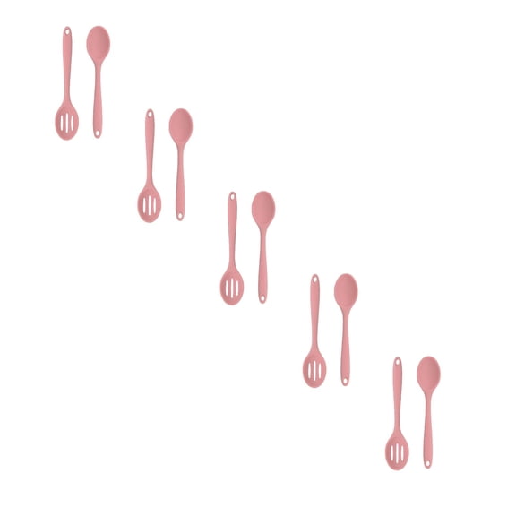 5 Set Heat Resistant Silicone Spoons, Solid & Slotted Kitchen Cooking Tool, Nonstick Long Rubber Utensil for Mixing, Serving, Stirring, Frying, Basting