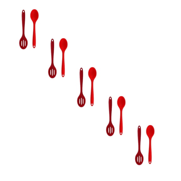 5 Set Heat Resistant Silicone Spoons, Solid & Slotted Kitchen Cooking Tool, Nonstick Long Rubber Utensil for Mixing, Serving, Stirring, Frying, Basting