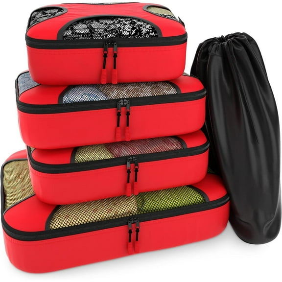 5 Set Packing Cubes Feather Light Packing Made with light weight and sturdy - Travel Organizers with Laundry Bag (Warm Red)