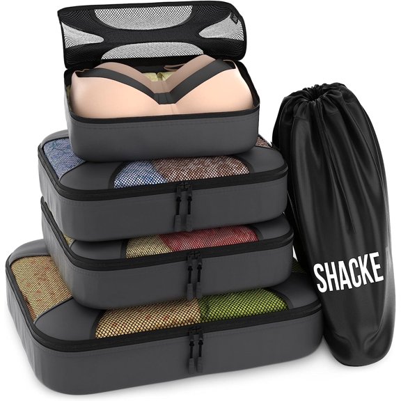 5 Set Packing Cubes - Travel Organizers with Laundry Bag (Dark Grey)