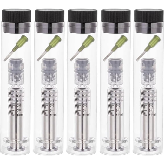 5 Set Reusable Glass Dispensing Syringes with Luer Needle for Industry or Labtoratory Liquids Filling Glue Application Silver 9.1x2cm