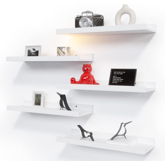 5 Set White Floating Shelves, Wall Mounted Shelves for Wall Decor, Modern Picture Ledge Shelf with Lip for Storage Nursery, Bedroom, Living Room, Bathroom - White