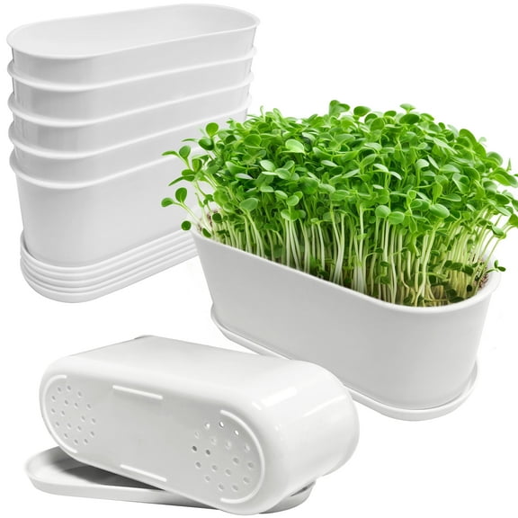 5 Set Window Herb Planter Box Rectangular,8.5x3.5 Inch White Plastic Planters with Multiple Drainage Holes and Trays,Indoor Succulent Cactus Mint Flower Pot for Windowsill,Garden Balcony