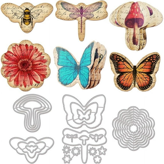 5 Sets 28Pcs 3D Bees Butterflies Flowers Mushroom Cutting Dies for Card Making Carbon Steel Embossing Stencils Template for Decorative Embossing Paper Card DIY Scrapbooking Album Craft
