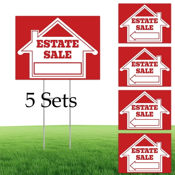 5 Sets 2D Flat Estate Sale Signs,Striking Red and Arrow Design,Double Sided Yard Sale Signs with H-Shaped Metal Stakes,Suitable for Outdoor Lawn Street Property Sale Business Promotion