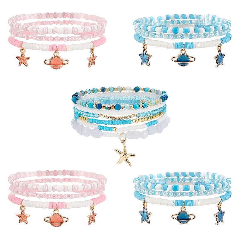 5 Sets 3 Style Glass & Polymer Clay Beaded Stretch Bracelets Set Alloy ...
