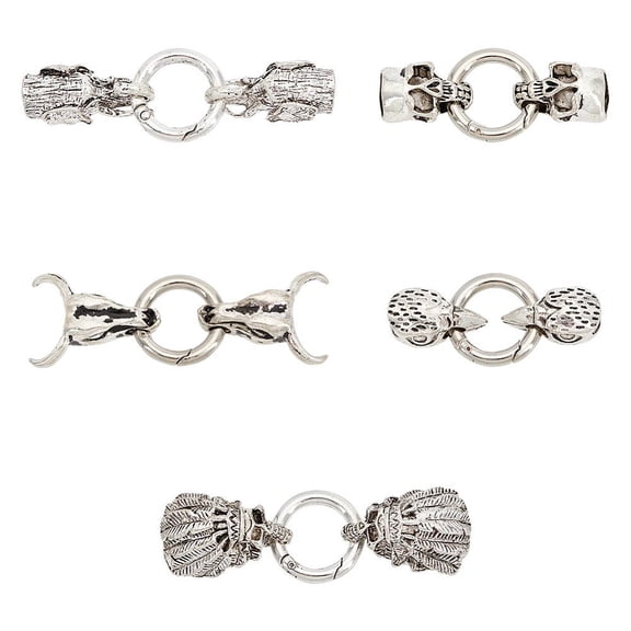 5 Sets 5 Styles Style Alloy Cord Ends Silver Spring Gate Rings Animal Head O Rings Cord Ends Leather Cord Buckle Column End Clasps for Jewelry Making