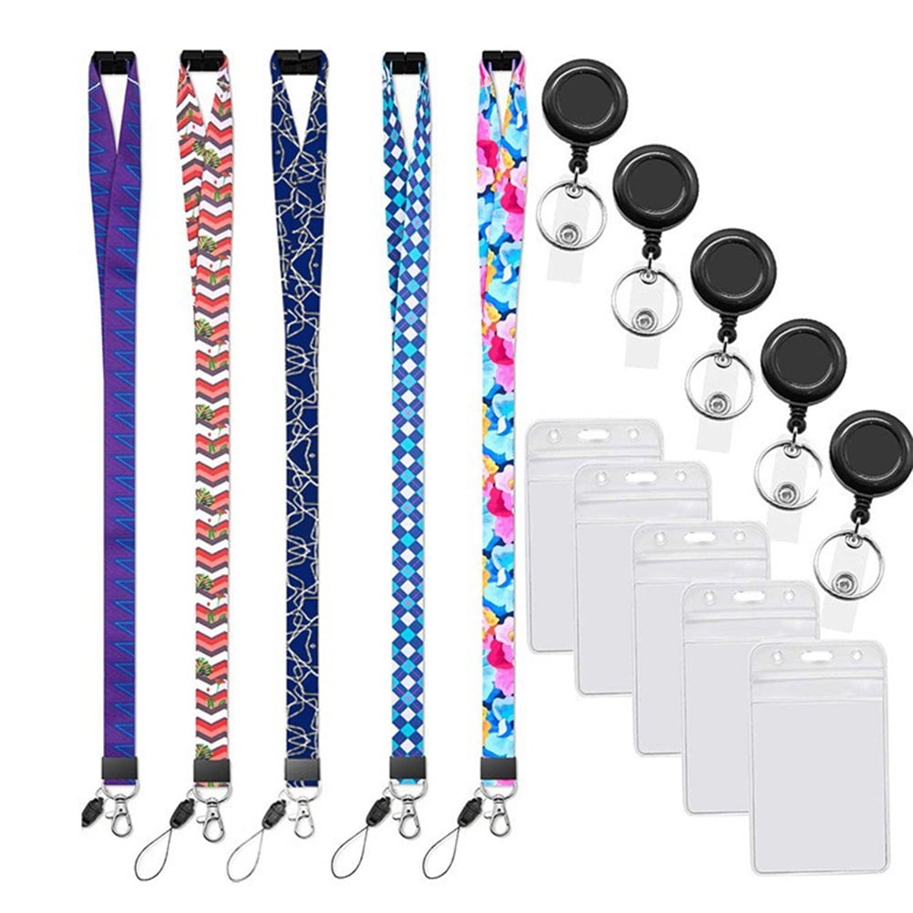 5 Sets Bussiness Card Trading Cartoon Lanyard with Pattern Geometric Figures Protective Case Documents Miss Staff