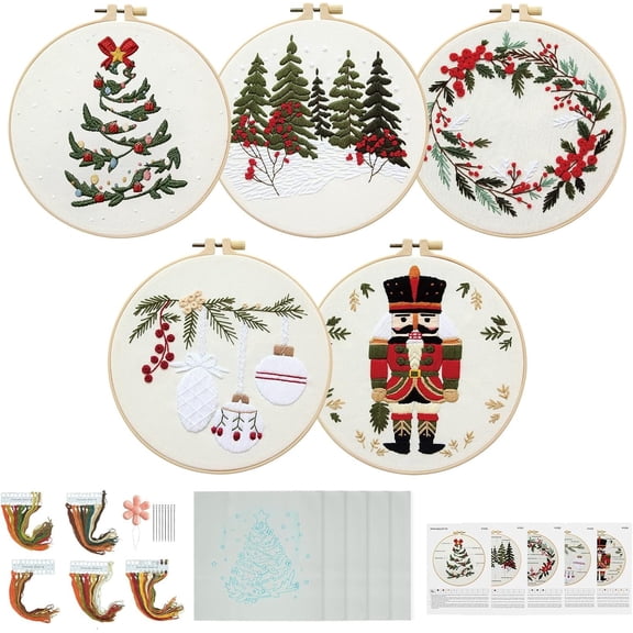 5 Sets Christmas Embroidery Kit for Beginners Adults Embroidery Starter Kit Pine Tree Nutcracker Patterns Winter Xmas Embroiderys Needlepoint Kits Includes Instruction 2 Hoops Color Threads