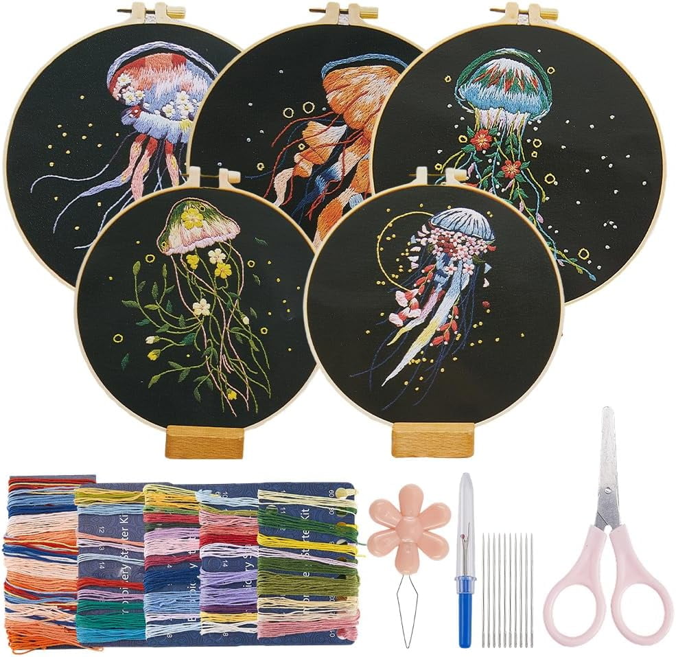 5 Sets Embroidery Kit Jellyfish Patterns Colorful Ocean Animal with 1 Embroidery Hoop and Color Threads Needles Stitchwork Artwork Stamped Stitch Kits for Beginners Adult Supplies