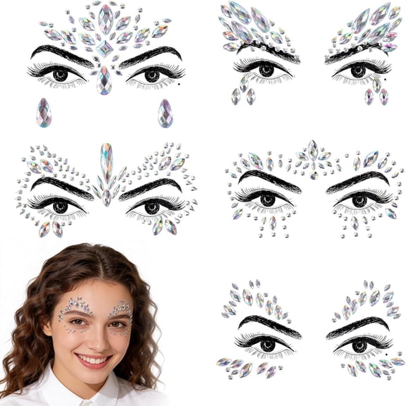 5 Sets Face Gems for Women Self Adhesive Face Jewels Stick on for Christmas Festival Music Rave Festival Carnival Party Makeup Decoration