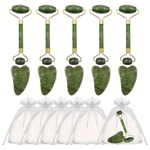 5 Sets Facial Neck Massage Tool,Include Green Plastic Rollers Green Heart Shaped Massagers and White Organza Bags, Handheld Double Head Face Lymphatic Drainage for Home Office Travel