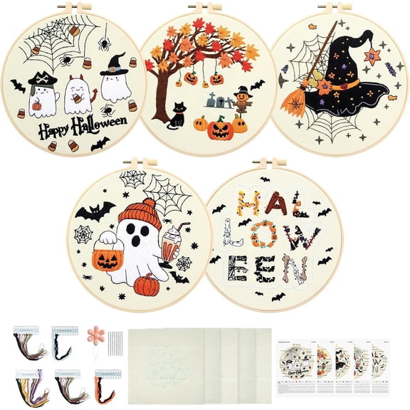 5 Sets Halloween Embroidery Kit for Adult Beginners Pumpkin Bat Embroidery Starter Kit Halloween Kits Needlepoint Kits Includes Instruction 2 Hoops Color Threads