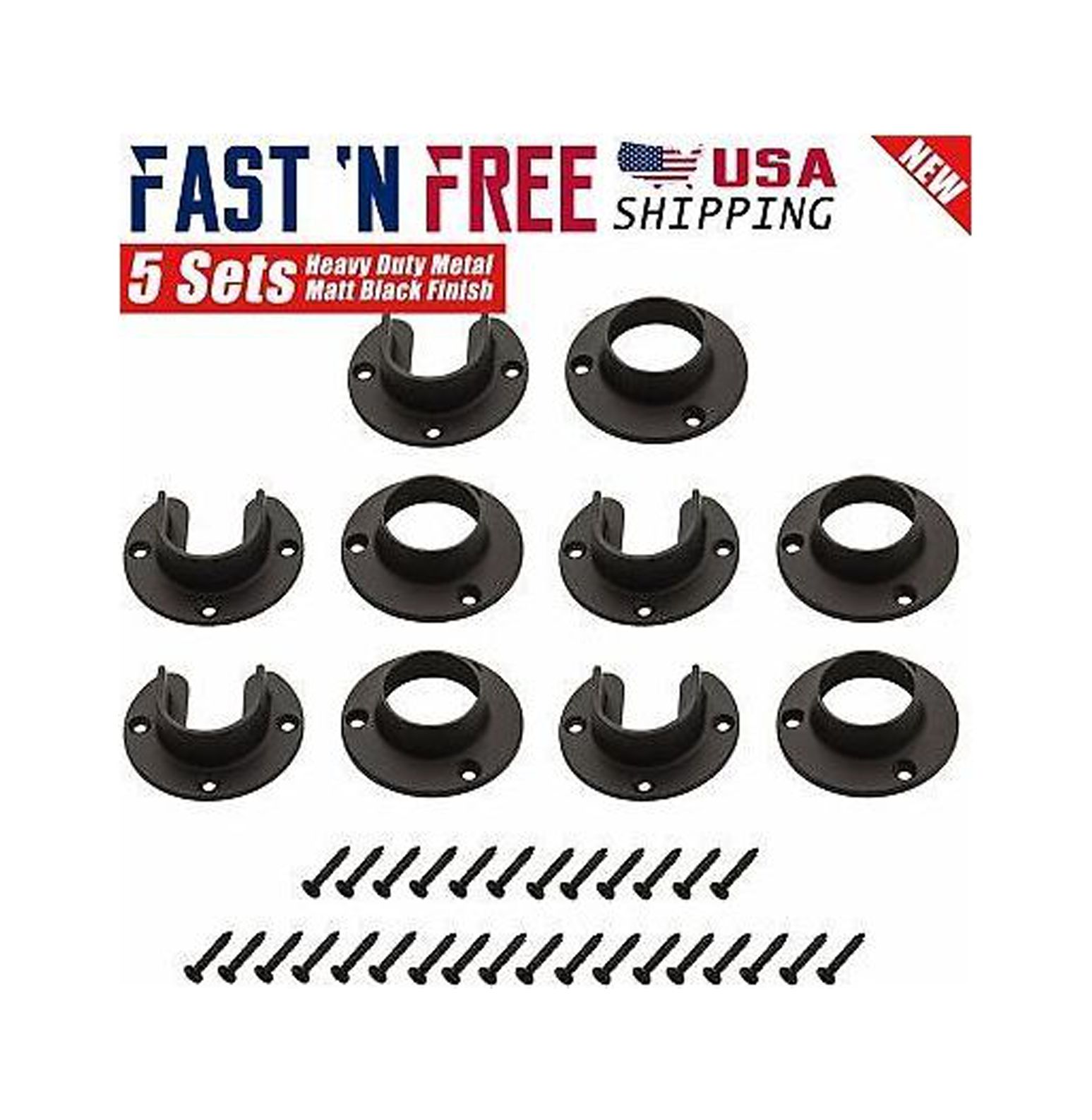 5 Sets Heavy Duty Stainless Steel Closet Pole Sockets Rod End Support