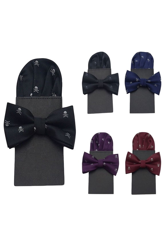 5 Sets Men Skull Print Bowtie Pocket Square Set Bow Tie Pre-folded Party Hanky