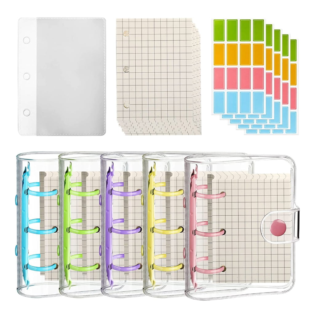 5 Sets Small Loose Notebook with 3 Rings PVC Binder Covers, Gridded,Paper, Colored Labels, Card Pocket