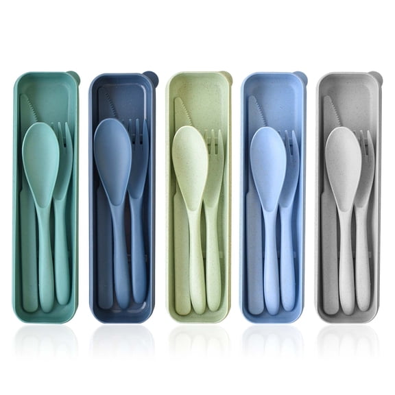 Camping Utensil Set, 5 Pcs Reusable Plastic Travel Cutlery Tableware, Portable Fork Spoon Knife Sets for Picnic, School or Daily Use