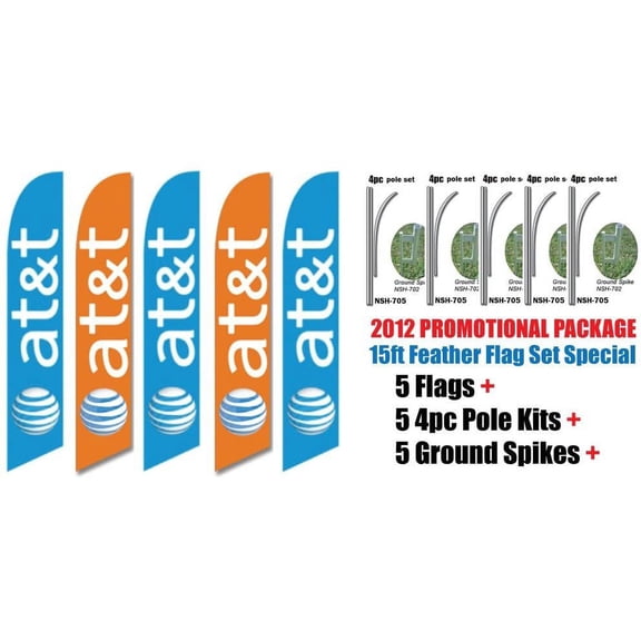 5 Sets of 15ft AT&T Wireless Swooper Feather Flags, Includes 5 Flag Poles and 5 Ground Stakes