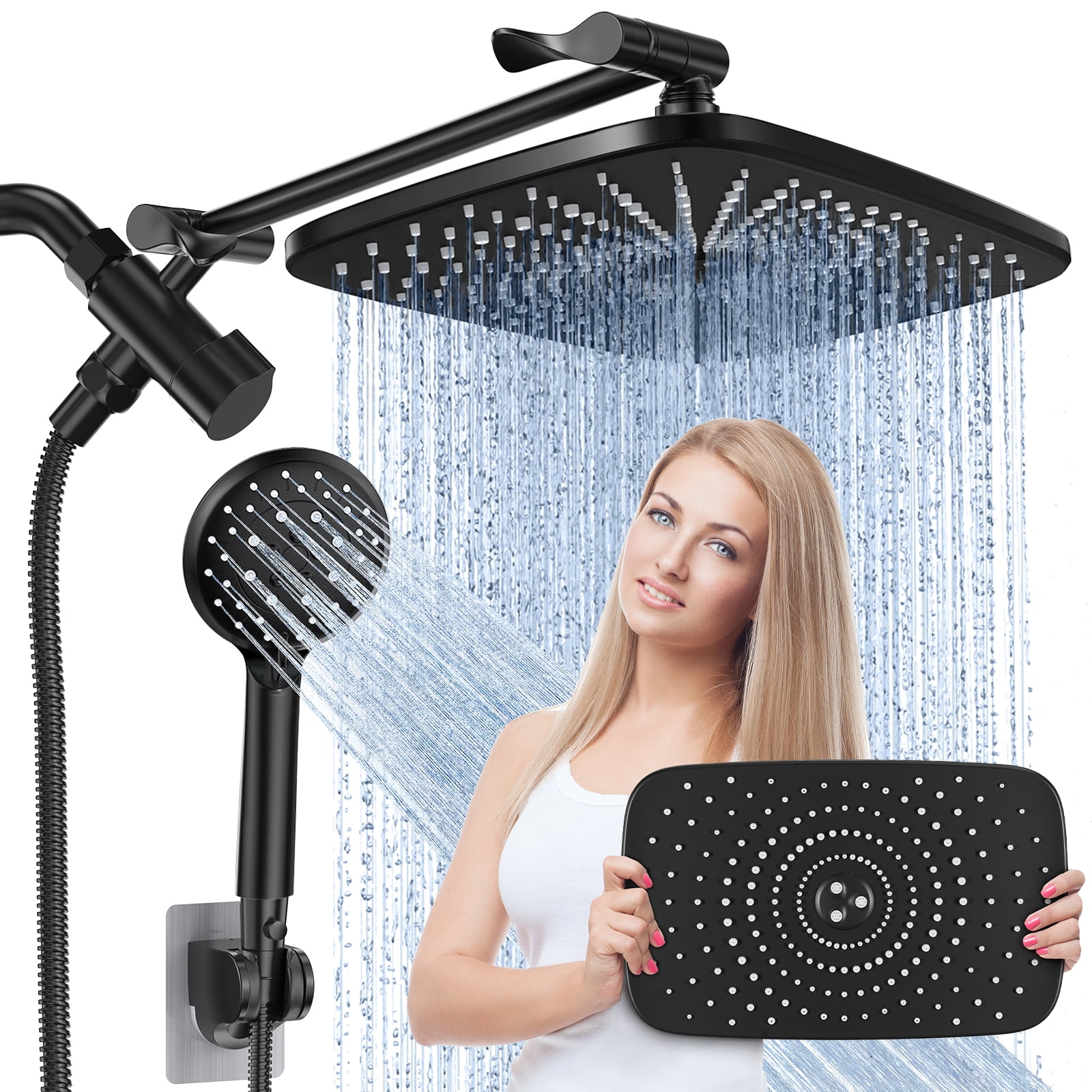 5-Setting High Pressure Shower Head, 12 inch Rain Shower Head with Handheld and Hose,Black