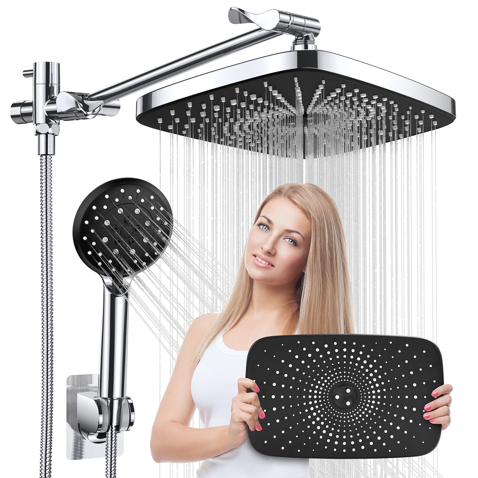 5-Setting High Pressure Shower Head, 12 inch Rain Shower Head with Handheld  and Hose,Chrome & Black