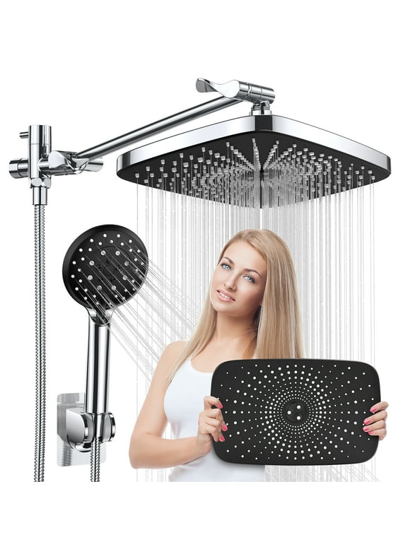5-Setting High Pressure Shower Head, 12 inch Rain Shower Head with Handheld and Hose,Chrome & Black