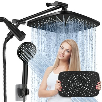 5-Setting High Pressure Shower Heads for Bathroom, 12 inch Rain Shower Head with Handheld Combo, Dual Rainfall Shower Head with Hose, Black
