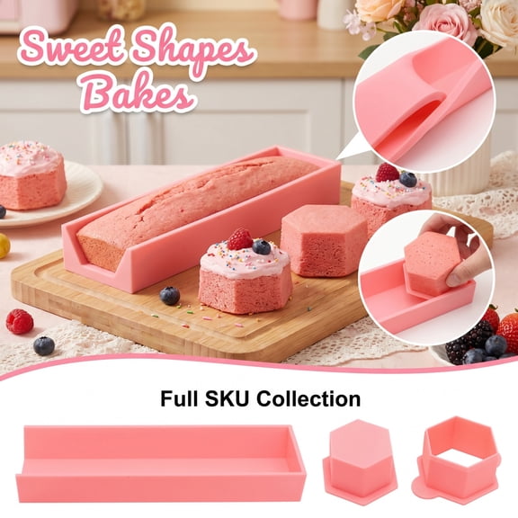5-Shape Nonstick Baking Pan Set, Heart Square Hexagon Oval Round, 9.1 x 8.0 Inch, Plastic Cake Molds for Baking(Pink)