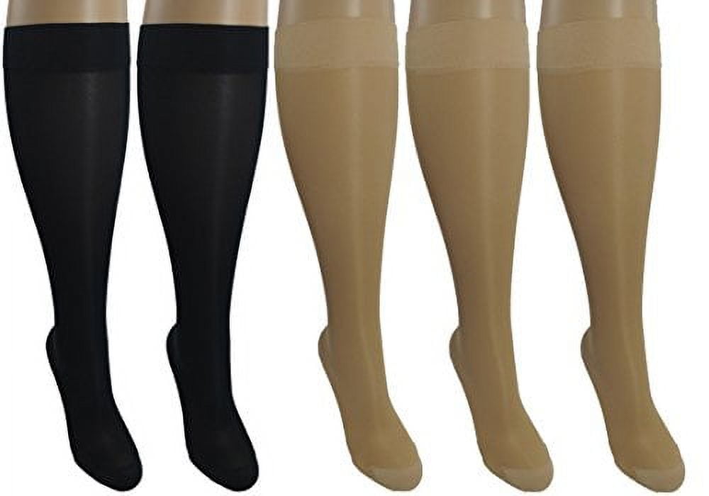 5 Sheer Pair Large/X-Large Ladies Compression Socks, Moderate/Medium Graduated Compression 15-20 mmHg. Nurses, Work, Therapy, Travel & Flight Knee-High Hosiery. Assorted Colors: 3 Nude, 2 Black