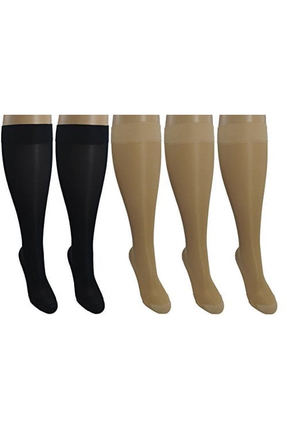 5 Sheer Pair Small/Medium Ladies Compression Socks, Moderate/Medium Graduated Compression 15-20 mmHg. Nurses, Work, Therapy, Travel & Flight Knee-High Hosiery. Colors: 3 Nude, 2 Black