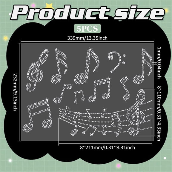 5 Sheet Music Notes Rhinestone Iron on Transfers Glitter Music Note Pattern Patches Hotfix Clothes Iron on Patch for Clothes Dress DIY Crafts