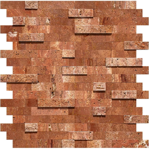 5-Sheet Peel and Stick Backsplash Tile, Natural Stone 3D Mosaic Wall Tile, Red Travertine Marble Look, Self Adhesive for Kitchen Bathroom Fireplace RV, 11.5 x 10.7 in