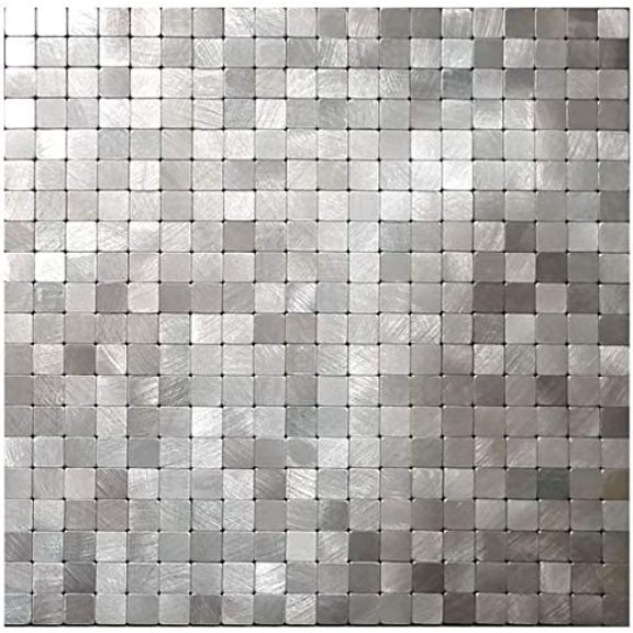 5-Sheet Peel and Stick Metal Backsplash Tiles, Silver Frosted Surface Square Aluminum Mosaic Sticker for Kitchen Wall Bathroom(11.61"x11.61" Per Sheet,Pack of 5pcs) (Silver Grey)