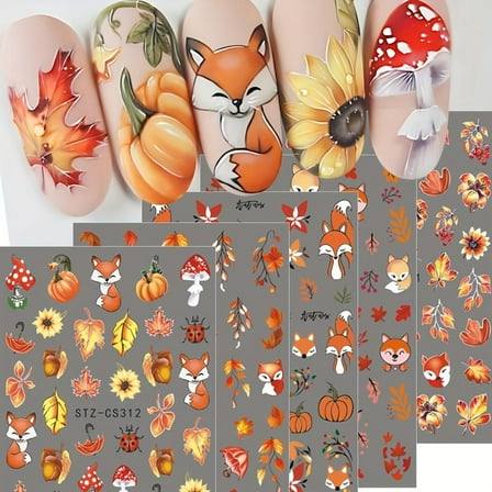 5 Sheets Fall Nail Art Stickers Maple Leaves Self Adhesive Nail Decals Cute Fox Pumpkin Mushroom Design Autumn Nail Supplies for Women DIY Manicure Decoration