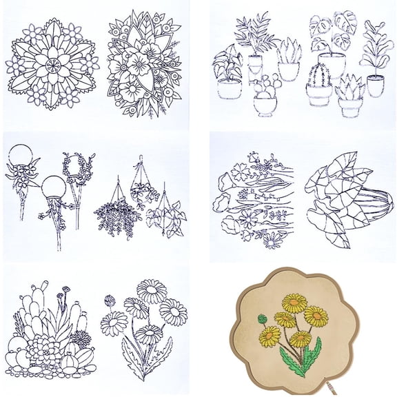 5 Sheets Flowers Leaves Water Soluble Embroidery Patterns Stabilizers Sports Hand Sewing Stick and Stitch A4 Transfers Fabric Wash Away Pre-Printed Self Adhesive for Bags Cloth Sewing Lovers