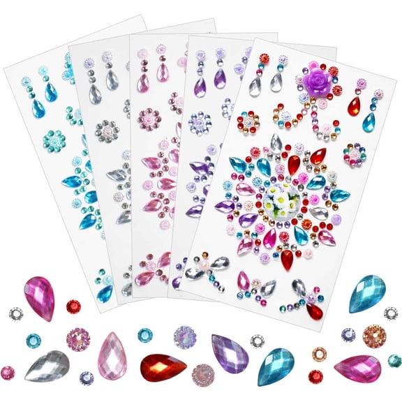 5 Sheets Jewels Self-Adhesive Craft Jewels and Gems Assorted Size Crystal Gem Flatback Sticker Mixed Shapes Rhinestone for Crafts Bling Jewel for DIY Crafts Arts Projects Nail Body Multicolor