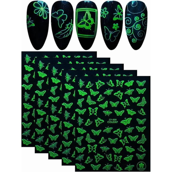 5 Sheets Luminous Plastic Nail Art Stickers Self-Adhesive Manicure Decals for Women Nail Tips Decorations 3D Design Glow in The Dark Butterfly 10x8cm