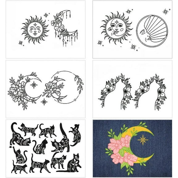 5 Sheets Moon and Sun Cat Water Soluble Embroidery Stabilizers Patterns Hand Sewing Stick and Stitch A4 Transfers Fabric Wash Away Pre-Printed Self Adhesive DIY