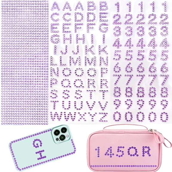 5 Sheets Purple Glitter Alphabet Number Stickers Self-Adhesive Letter Rhinestone Gems Border Sticker Decorative Decals for DIY Hats Books Gifts Scrapbooking Crafts Supplies