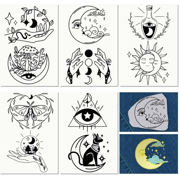 5 Sheets Tarot Card Water Soluble Embroidery Stabilizers Hand Sewing Stick and Stitch Moon Magic Transfers Paper Wash Away Pre-Printed Self Adhesive Patterns for Cloth Sewing Lovers Beginner